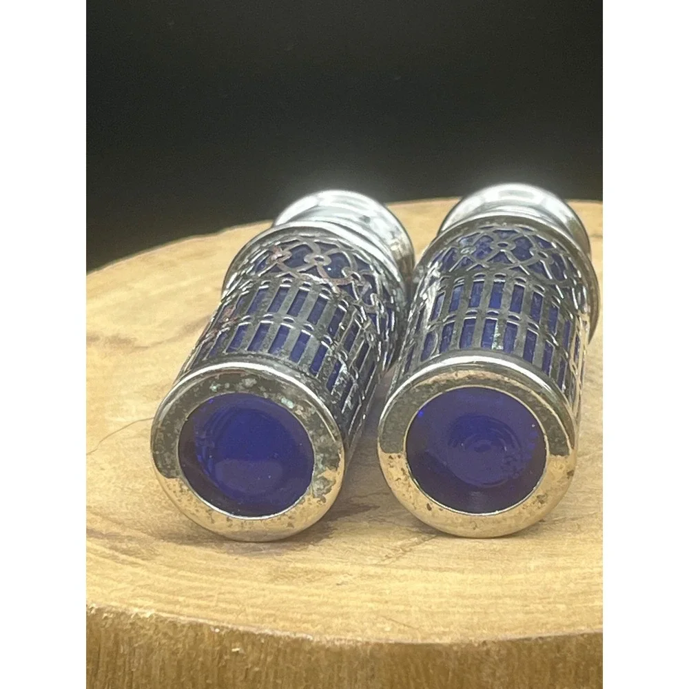 1970s Cobalt Glass Silver Plated Salt and Pepper Shakers  Japan‎
